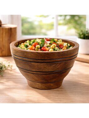 Handcrafted Wooden Salad Bowl With Decorative Grooves 8" Diameter & 5" Height Ru